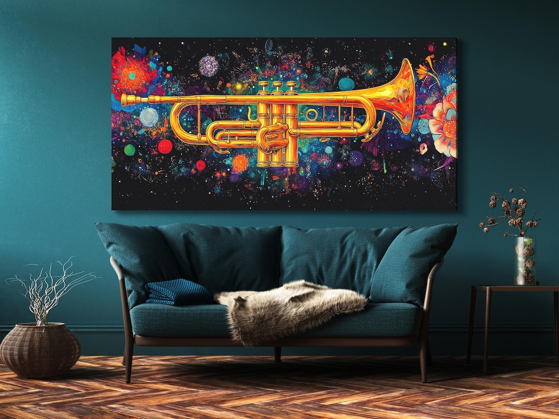 Golden trumpet in a dark cosmic scene with neon blue, pink and red splashes and stars detail view