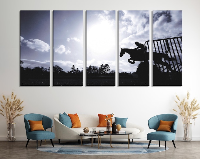 Large Silhouette Horse Canvas Print, Equestrian Jumping Wall Art, XXL Racehorse in Motion Artwork, Dynamic Equestrian Canvas for Home Decor