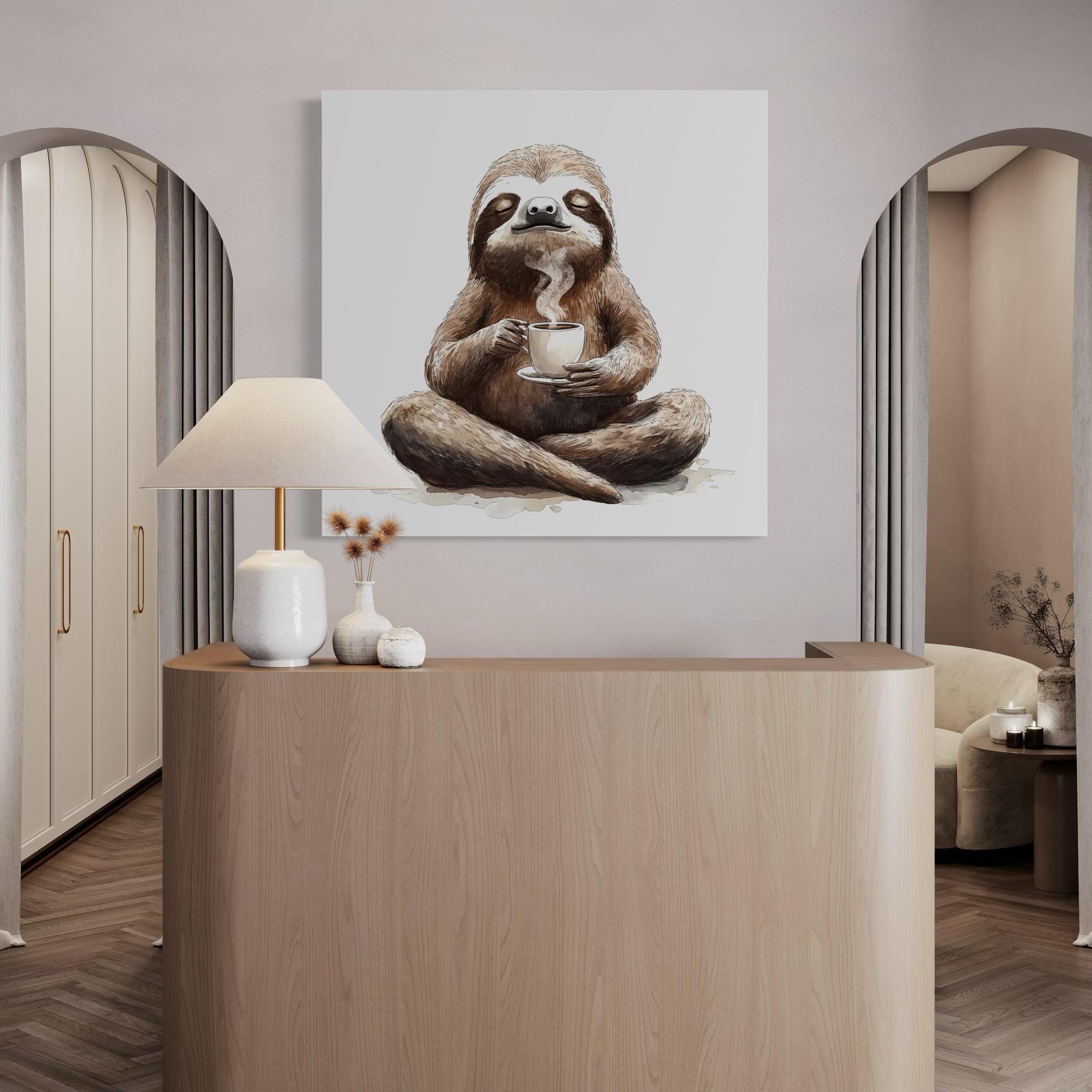 Illustration of a sloth holding a cup of coffee with steam, in warm brown and cream tones on a light grey background detail view