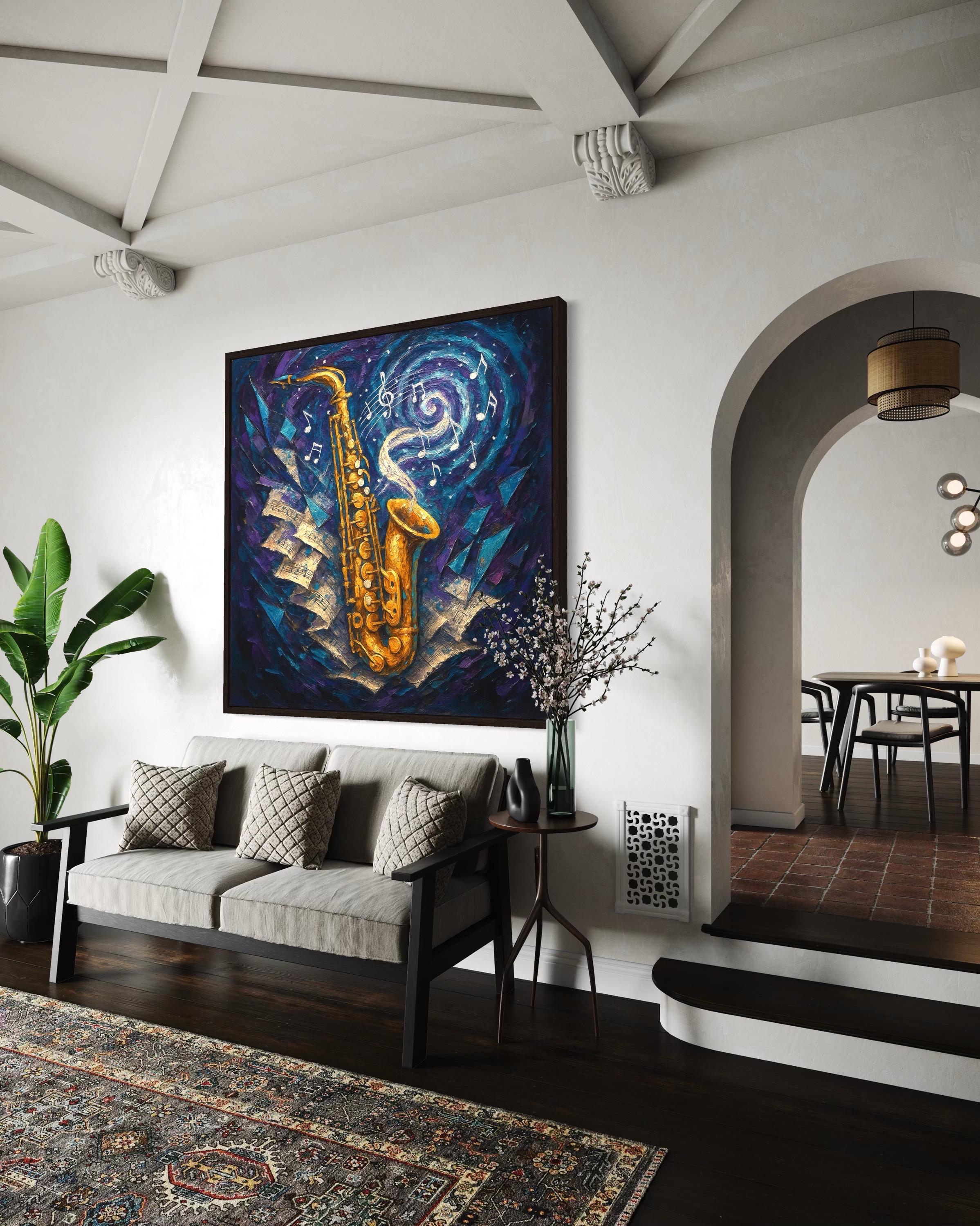 Abstract saxophone in warm gold with musical notes over swirling deep blue and purple background detail view