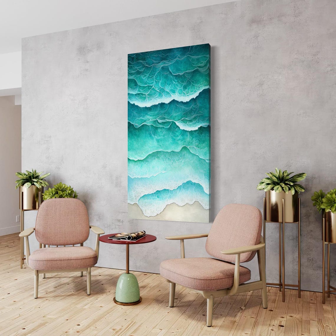 Room mockup showing a vertical seascape artwork with turquoise waves and white sea foam