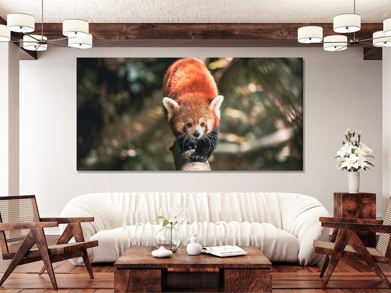 Red panda close-up with warm orange fur and white facial markings against a blurred green forest background