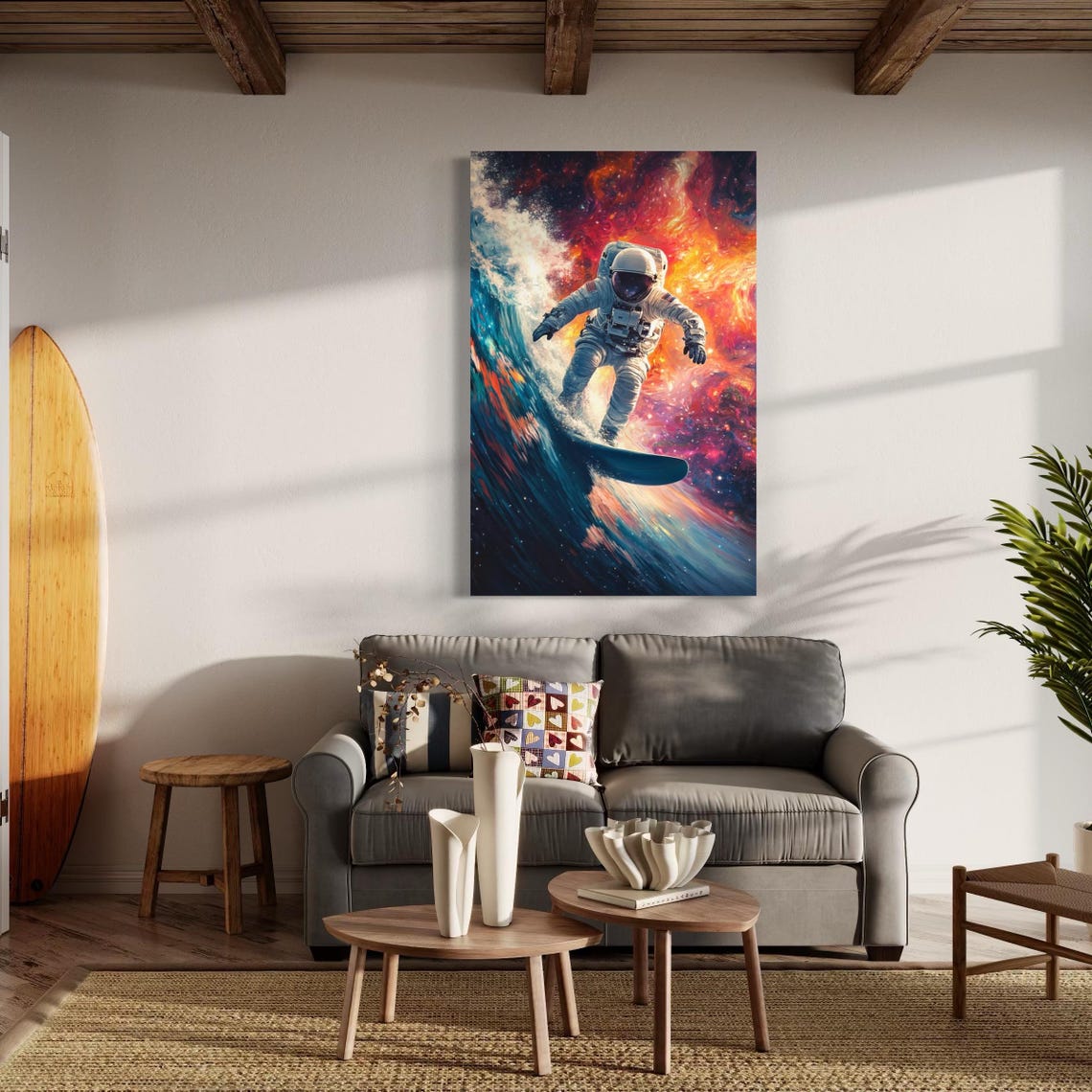 A astronaut figure surfs a glowing wave, set against swirling nebula-like colours in deep blues, magentas, and bright sunset oranges, with starlit