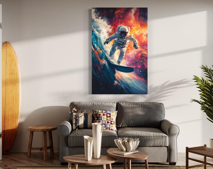 Astronaut Surfing Wall Art - Cosmic Surfer Canvas Print, Wave Surfing Artwork, Space Surfer Decor, Astronaut Art Print, Surfer Gift Idea