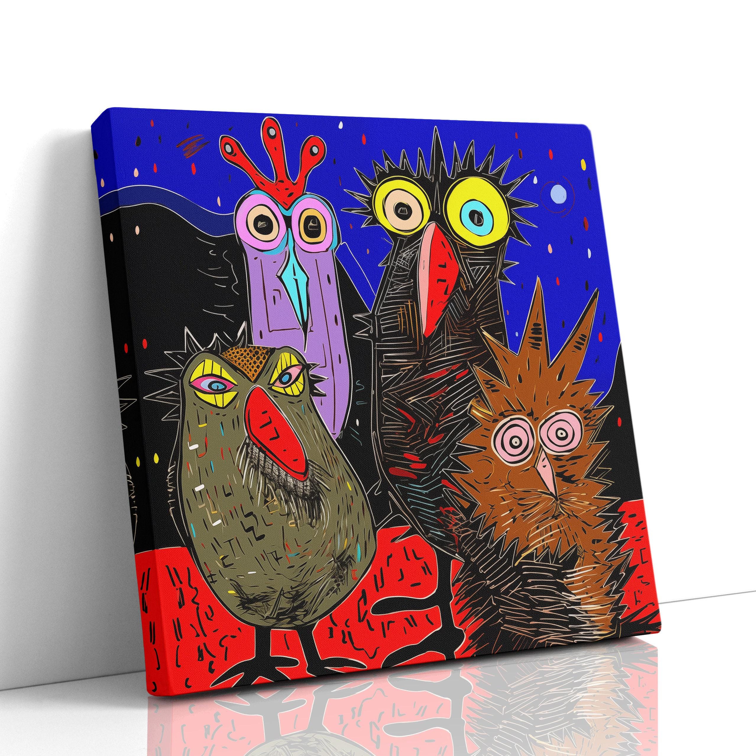 Colorful Owl Family Canvas Art &ndash; Quirky Birds Painting in Electric Blue & Red, Eclectic Fu