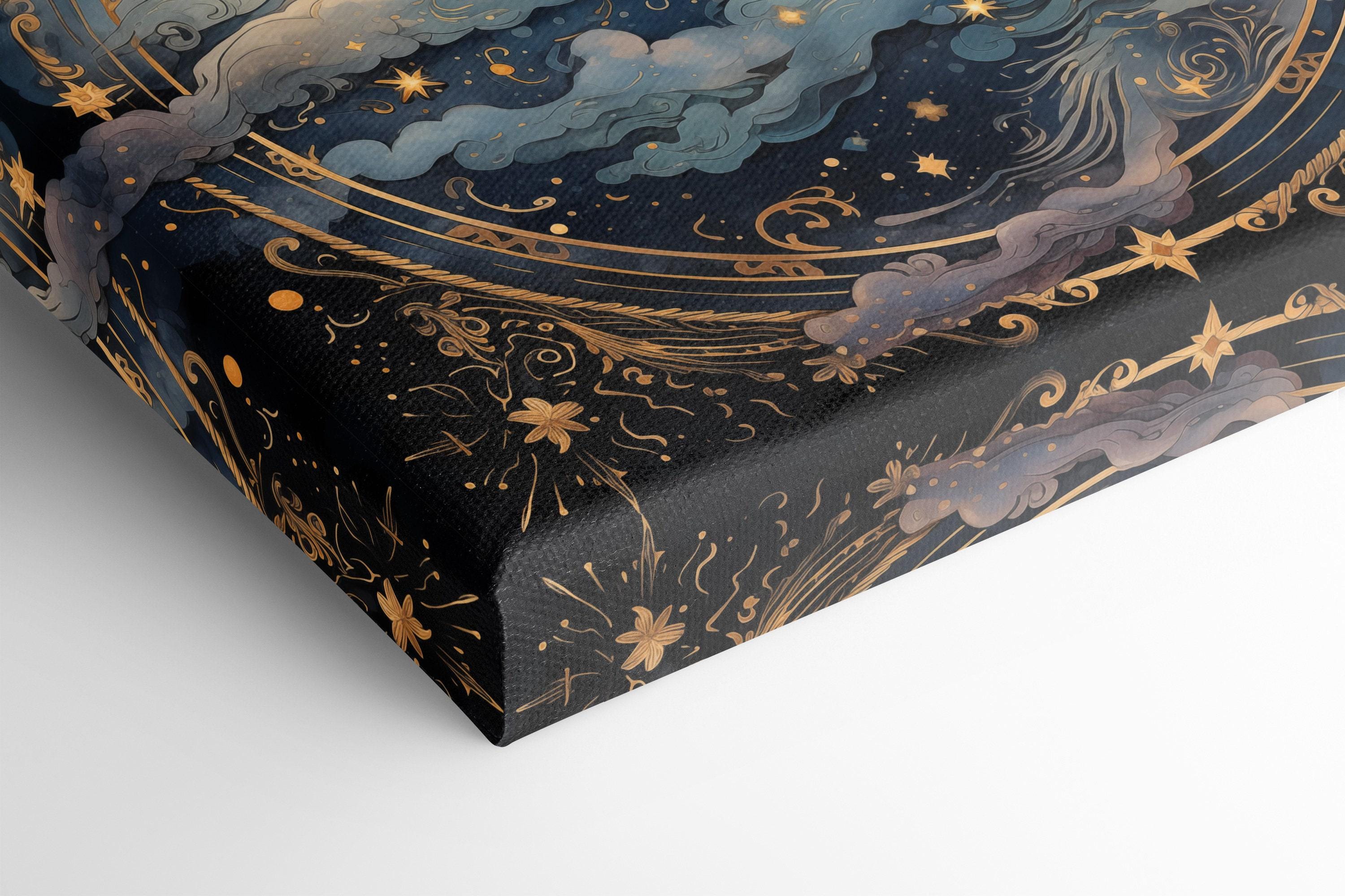 Celestial sun and moon scene with swirling clouds, stars, and gold filigree on a dark navy background detail view