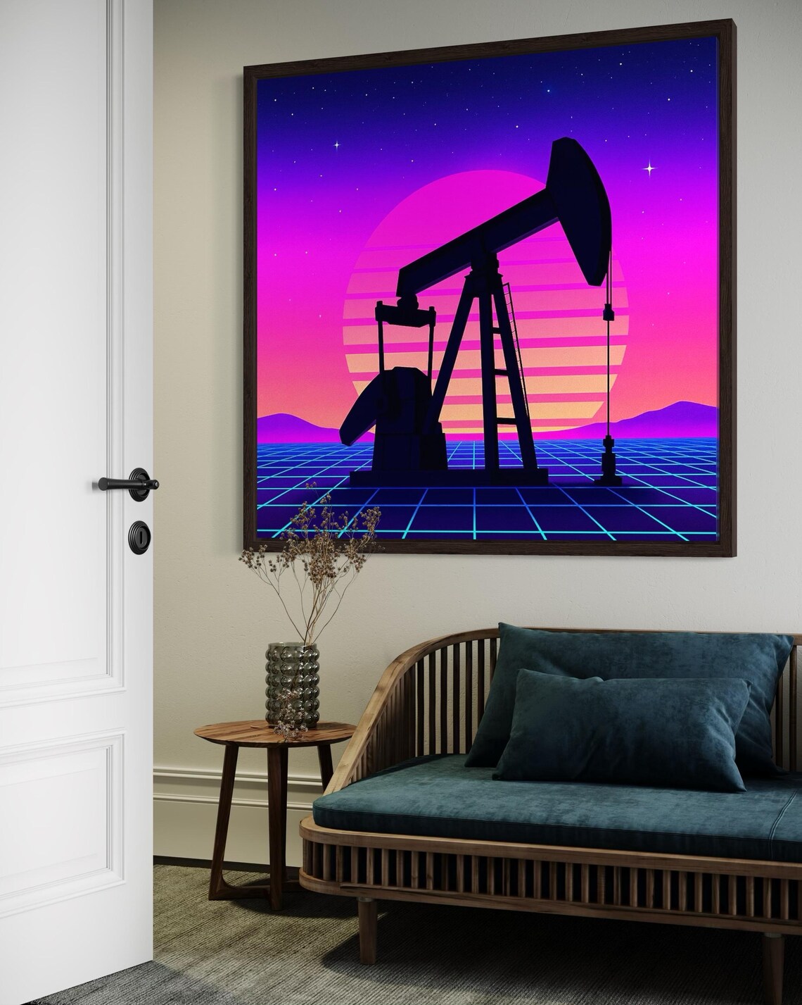 Neon synthwave oil pumpjack artwork displayed on a framed wall above a wooden media console with plants nearby
