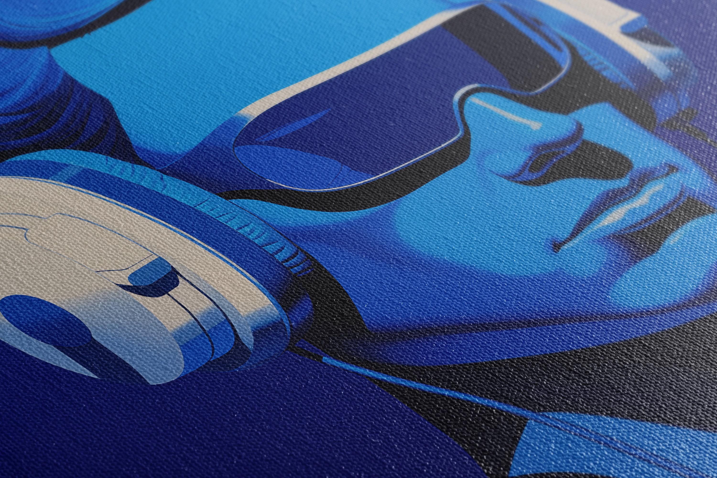 Electric blue portrait of a person wearing large headphones and dark visor sunglasses detail view