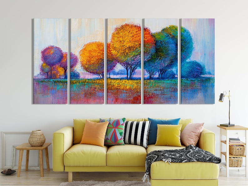 Colourful abstract tree landscape across five panels with textured blue sky and vibrant foliage