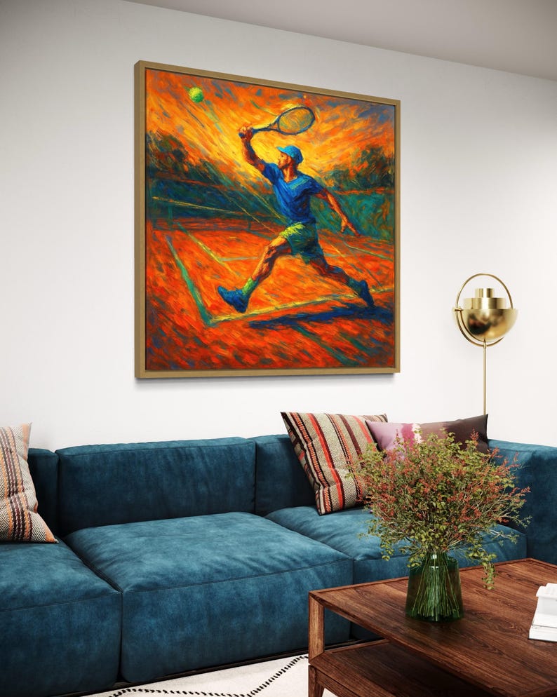 A painterly tennis player in blue is captured mid-serve on a vivid orange clay-court backdrop with dynamic strokes and green accents