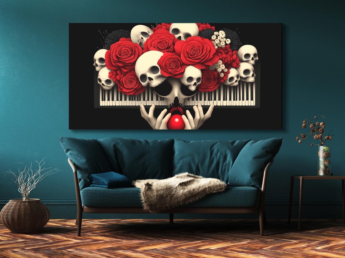 A gothic-style cluster of white skulls and red roses rests over a black-and-ivory piano keyboard backdrop with dark dramatic contrast detail view