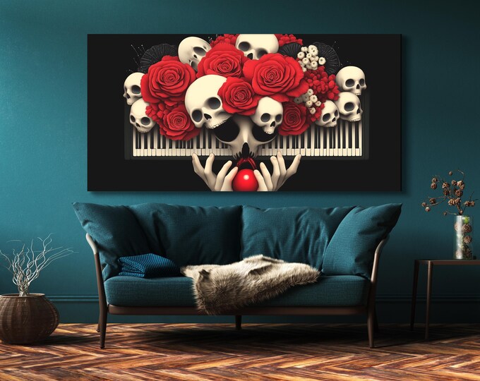 Gothic Piano Wall Art Skull and Roses Canvas Print Dark Floral Skull Art Modern Music Studio Decor Macabre Home Decor Music Lover Gift