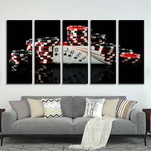 Arte mural de cartas de póker, impresión en lienzo de casino, decoración de pared con fichas de póker, obras de arte para sala de juegos, juego de lienzos de apuestas, decoración de cueva de hombre, arte de naipes