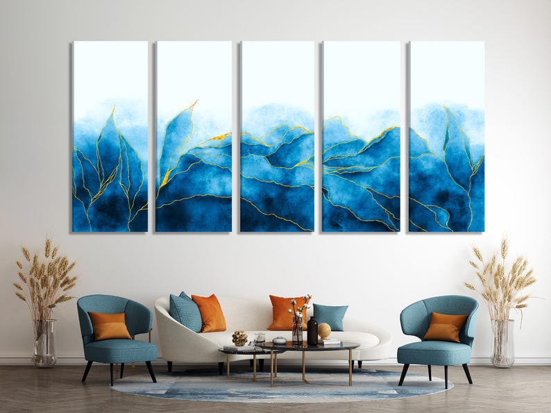 Blue abstract waves artwork with layered navy and sky tones and thin gold flowing lines