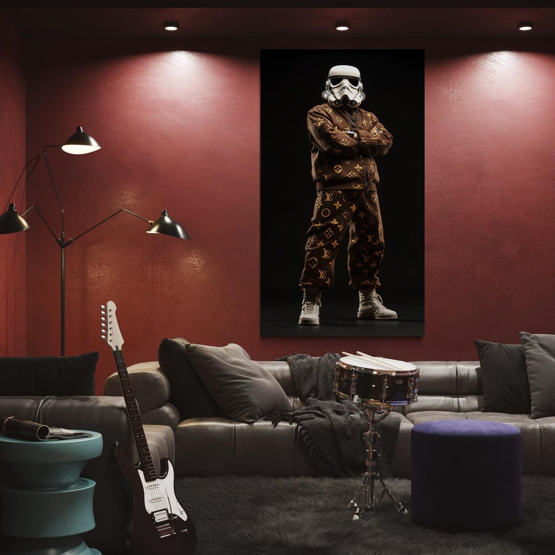 Stormtrooper character with arms crossed wearing a dark gold-patterned outfit against a black background detail view