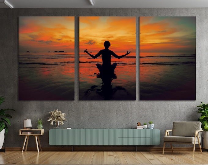 Yoga Meditation Sunset Canvas Print, Large Zen Wall Art, Peaceful Beach Silhouette Artwork, Modern Mindfulness Art Print, Calm Wall Decor