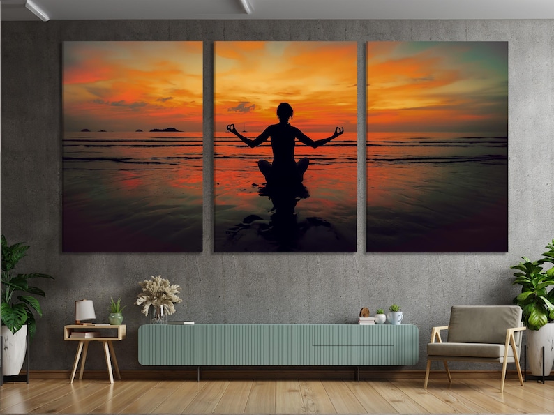 Triptych showing a meditating person silhouette against a glowing orange sunset over calm ocean water