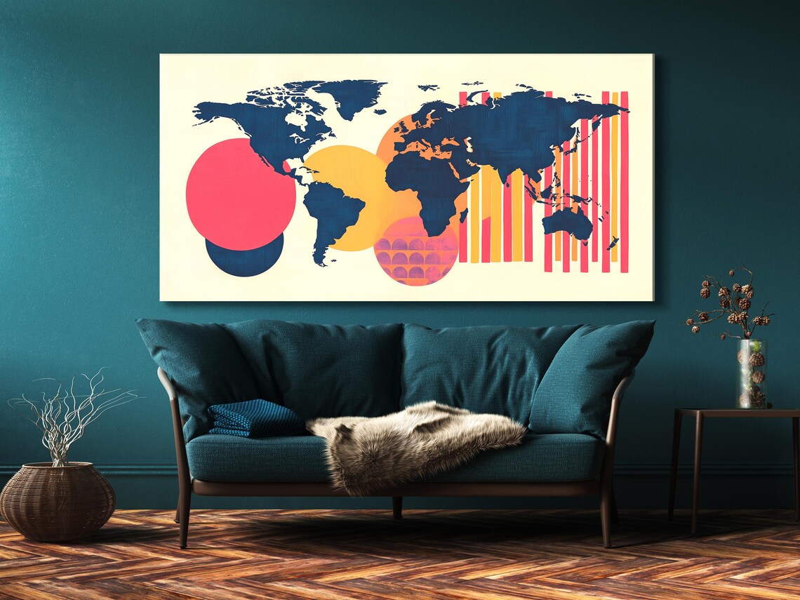 Stylised geometric world map with navy blue continents and bright pink, coral and orange accents across five panels detail view