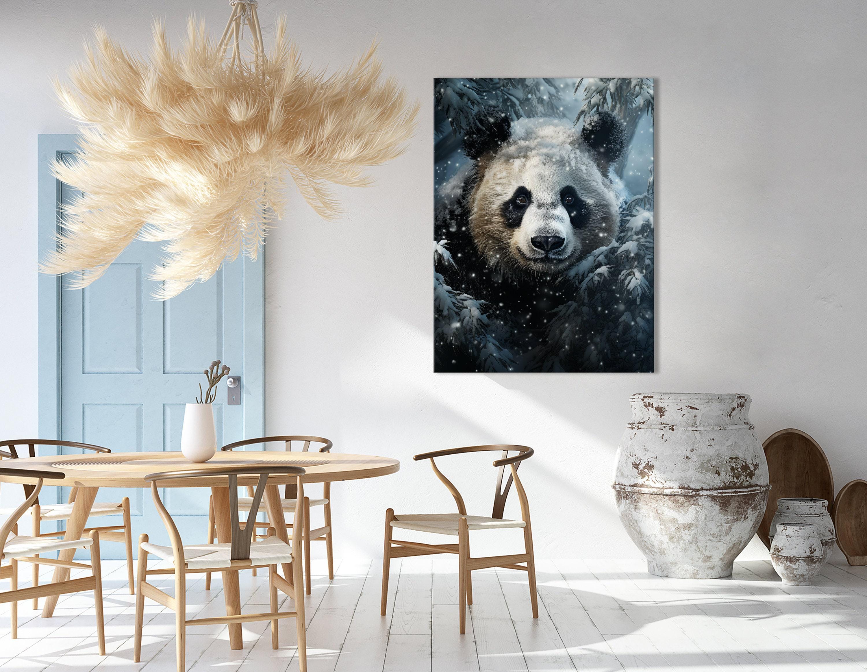 Snowy panda face artwork with falling snow and dark evergreen trees detail view