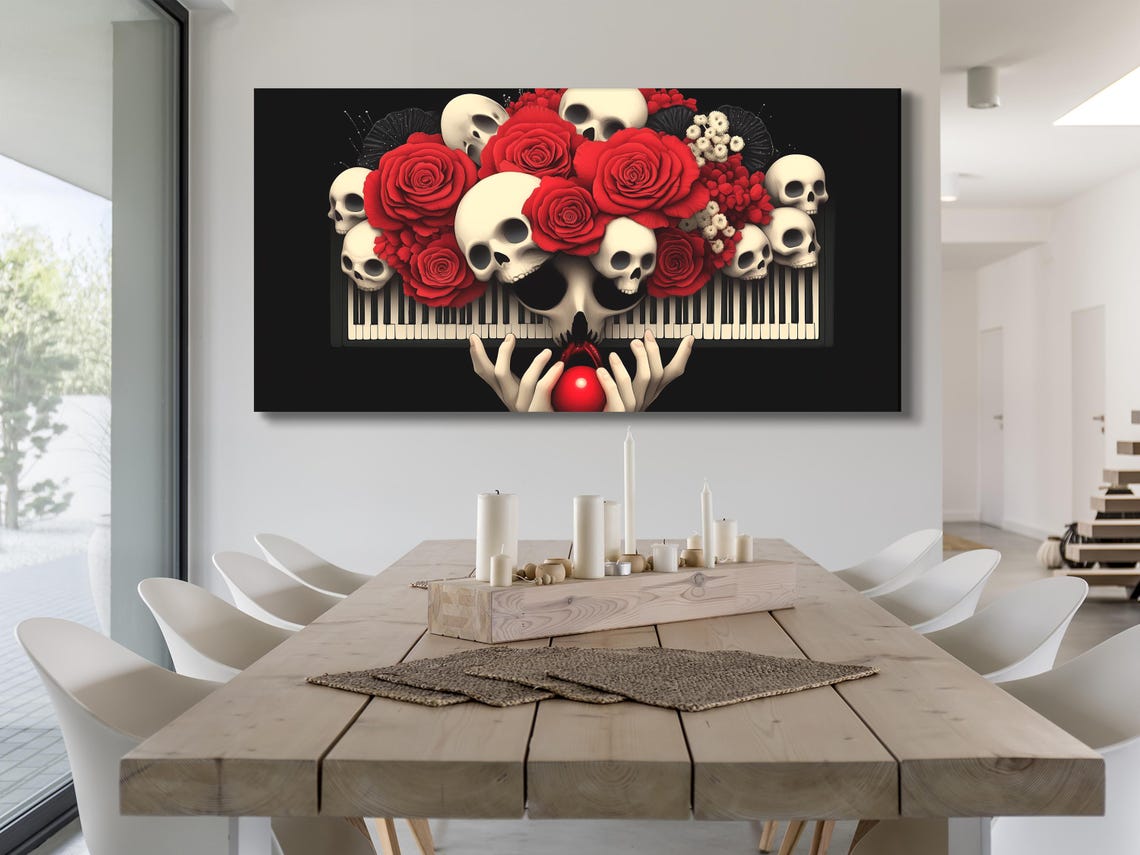 A gothic-style cluster of white skulls and red roses rests over a black-and-ivory piano keyboard backdrop with dark dramatic contrast detail view