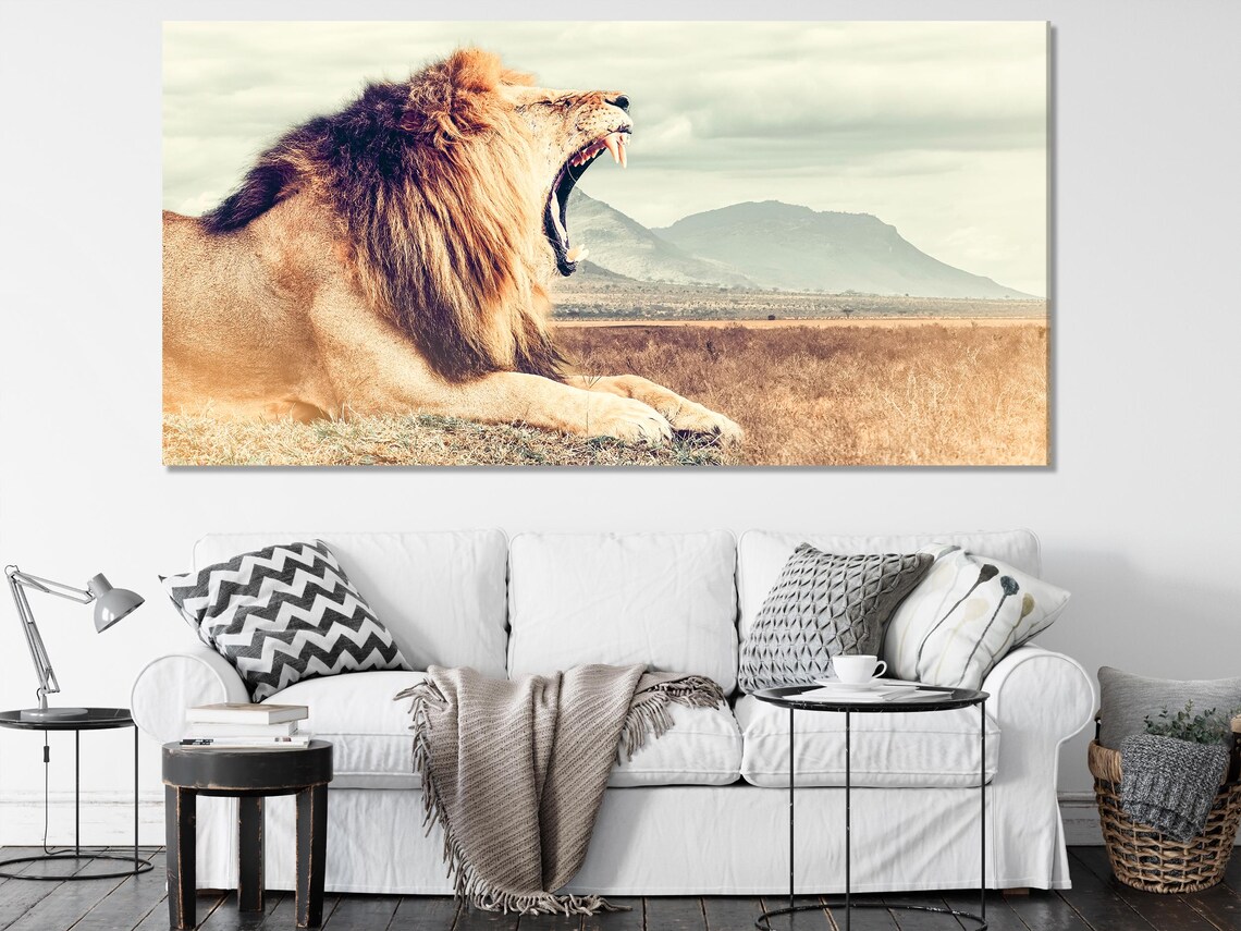 Triptych of a roaring lion close-up, another roaring lion panel, and a savannah landscape with distant mountains detail view
