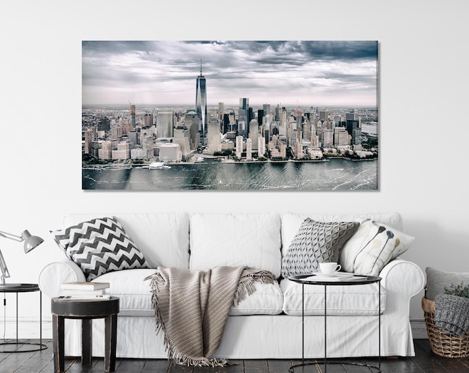 New York City Skyline Canvas Print – Modern NYC Wall Art, Aerial View of Manhattan, Urban Cityscape Decor for Living Room or Office