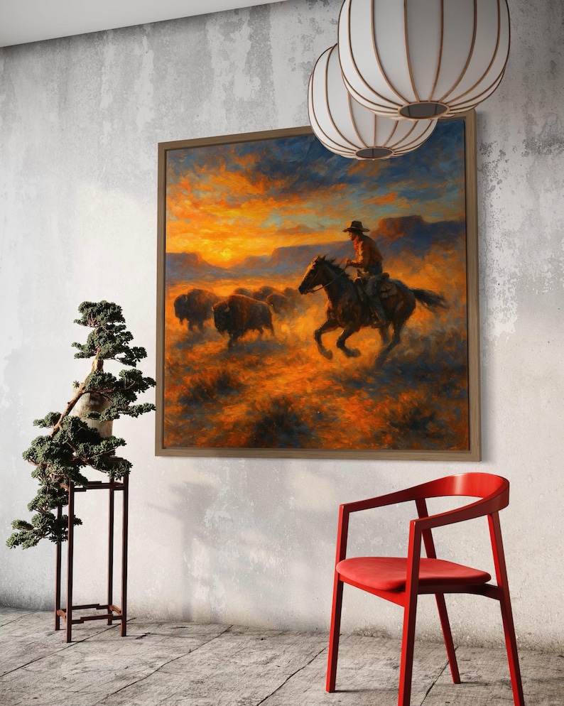 Western sunset painting showing a rider on horseback herding a buffalo herd across an orange and blue sky