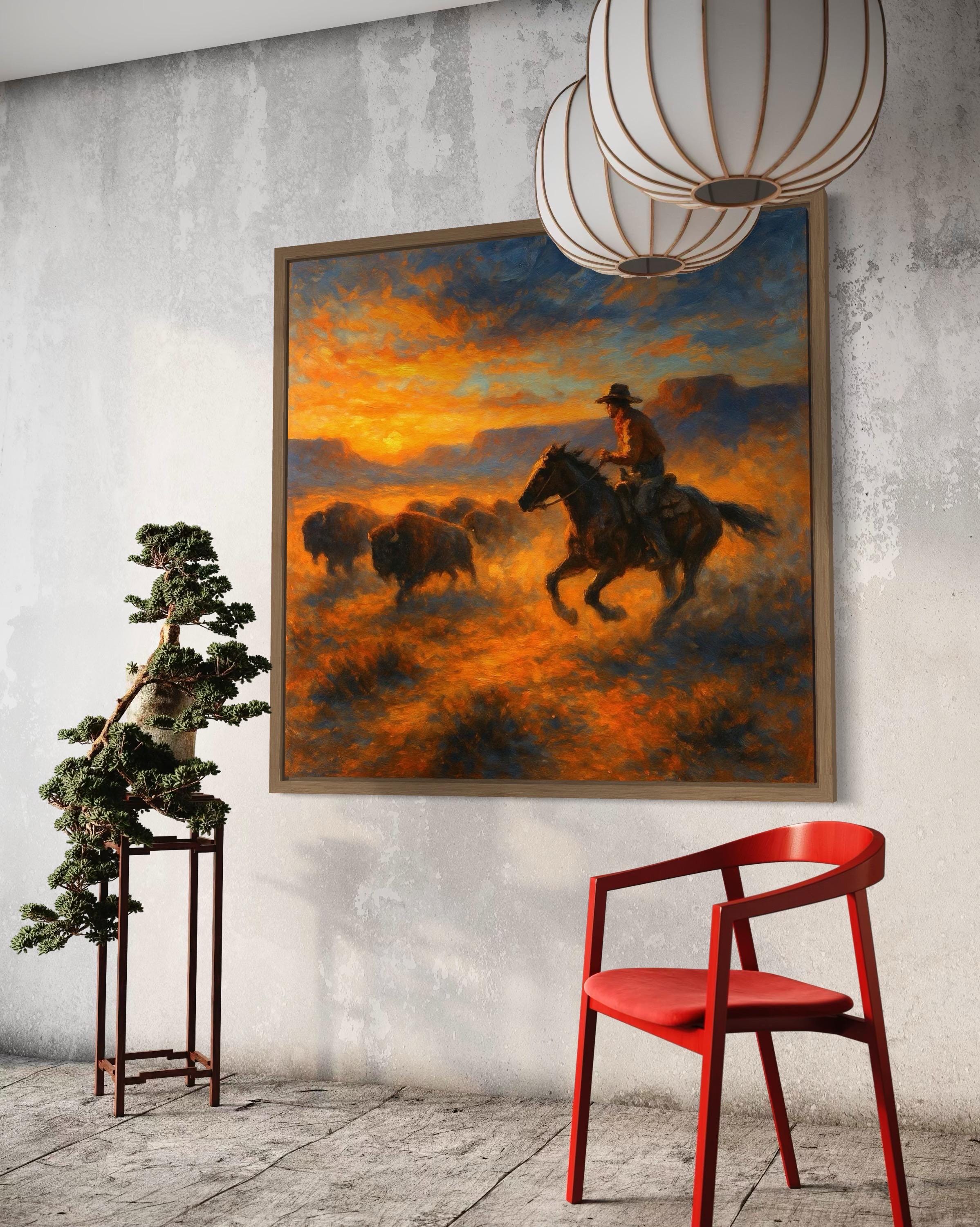 Western sunset painting showing a rider on horseback herding a buffalo herd across an orange and blue sky