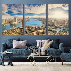 Impressão em tela da paisagem urbana do Cairo, arte de parede panorâmica do rio Nilo, grande fotografia do horizonte do Egito, decoração de paisagem urbana extragrande
