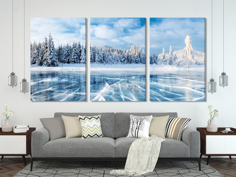 Frozen Lake Winter Landscape Canvas Print – Large Snowy Forest Wall Art ...