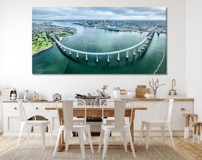 San Diego Coronado Bridge Canvas Print, Large Coastal Cityscape Wall Art, Scenic Aerial Bridge Artwork, Modern Urban Art Print Wall Decor