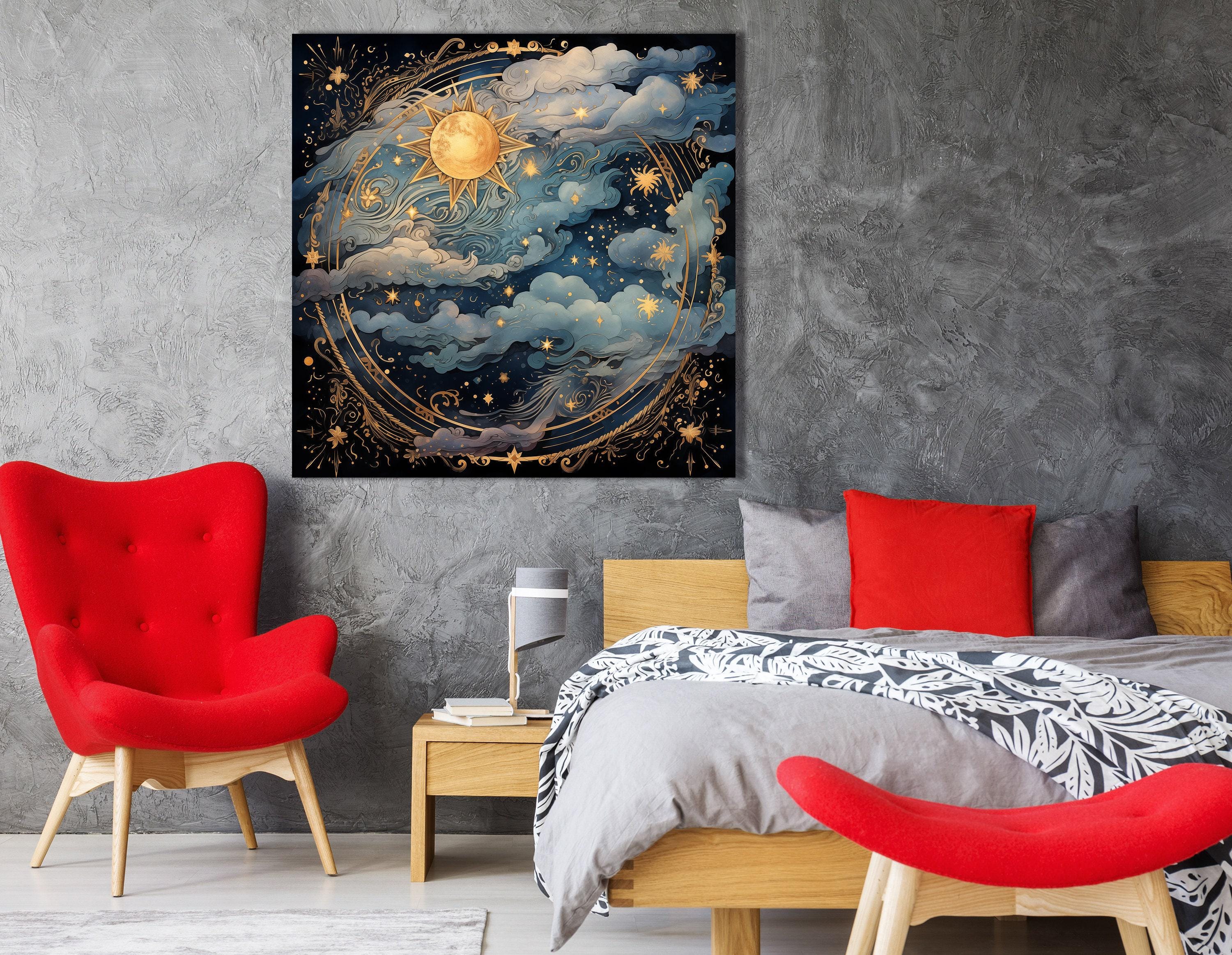 Celestial sun and moon scene with swirling clouds, stars, and gold filigree on a dark navy background detail view