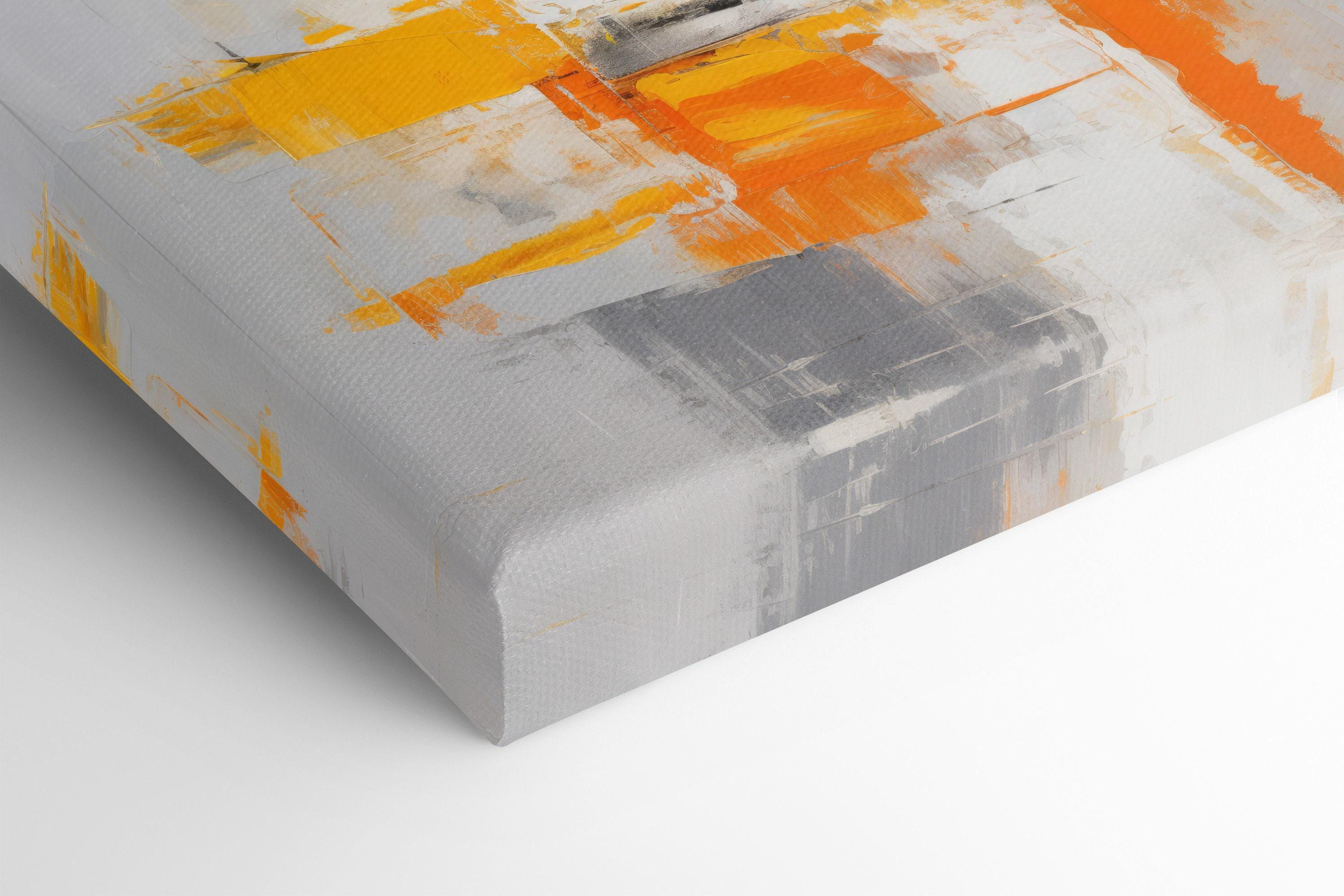 An abstract city-block style collage of white, grey and black shapes is overlaid with bright yellow and orange blocks, accented by scumbled