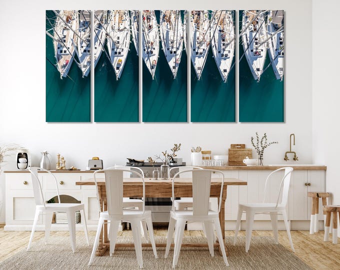 Nautical Boats Aerial View Canvas Wall Art, 5-Panel Coastal Decor, Yacht Marina Print, Modern Sailing Wall Art for Living Room or Dining
