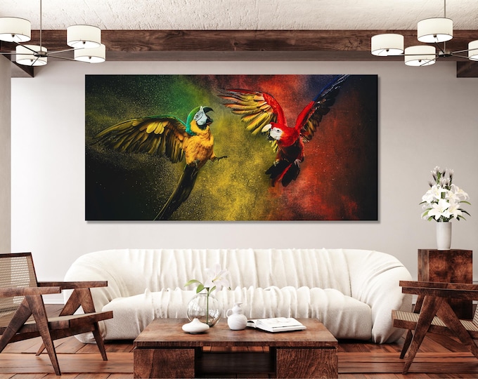 Colorful Macaw Wall Art, Ara Parrot Canvas Print, Oversized Tropical Bird Artwork, Exotic Wildlife Canvas for Vibrant Pet Shop Wall Decor