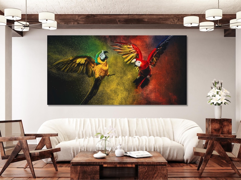 Two vividly coloured macaws fly towards each other over swirling green, yellow, red and dark speckled background