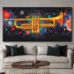 Trumpet Wall Art Colorful Jazz Canvas Print Abstract Musical Instrument Artwork Gift for Musician Studio Decor Modern Living Room Wall Art