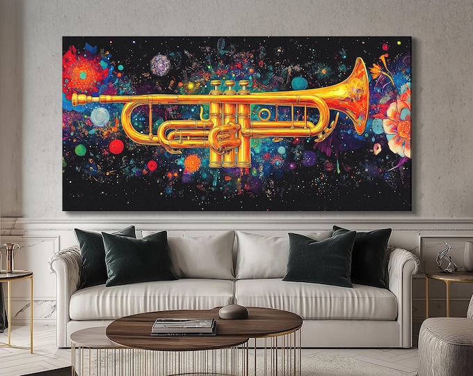 Trumpet Wall Art Colorful Jazz Canvas Print Abstract Musical Instrument Artwork Gift for Musician Studio Decor Modern Living Room Wall Art