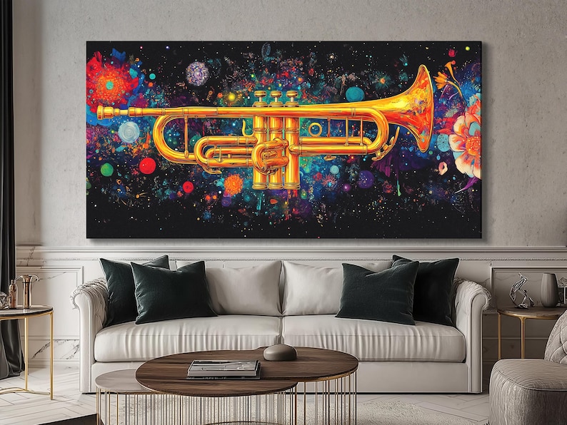 Golden trumpet in a dark cosmic scene with neon blue, pink and red splashes and stars