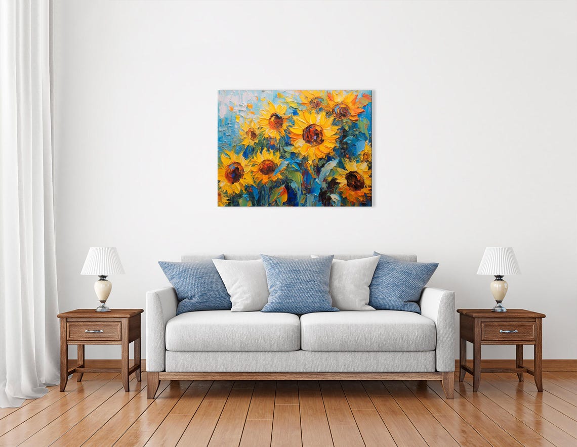 Textured sunflower artwork with bright yellow petals and teal-blue foliage detail view