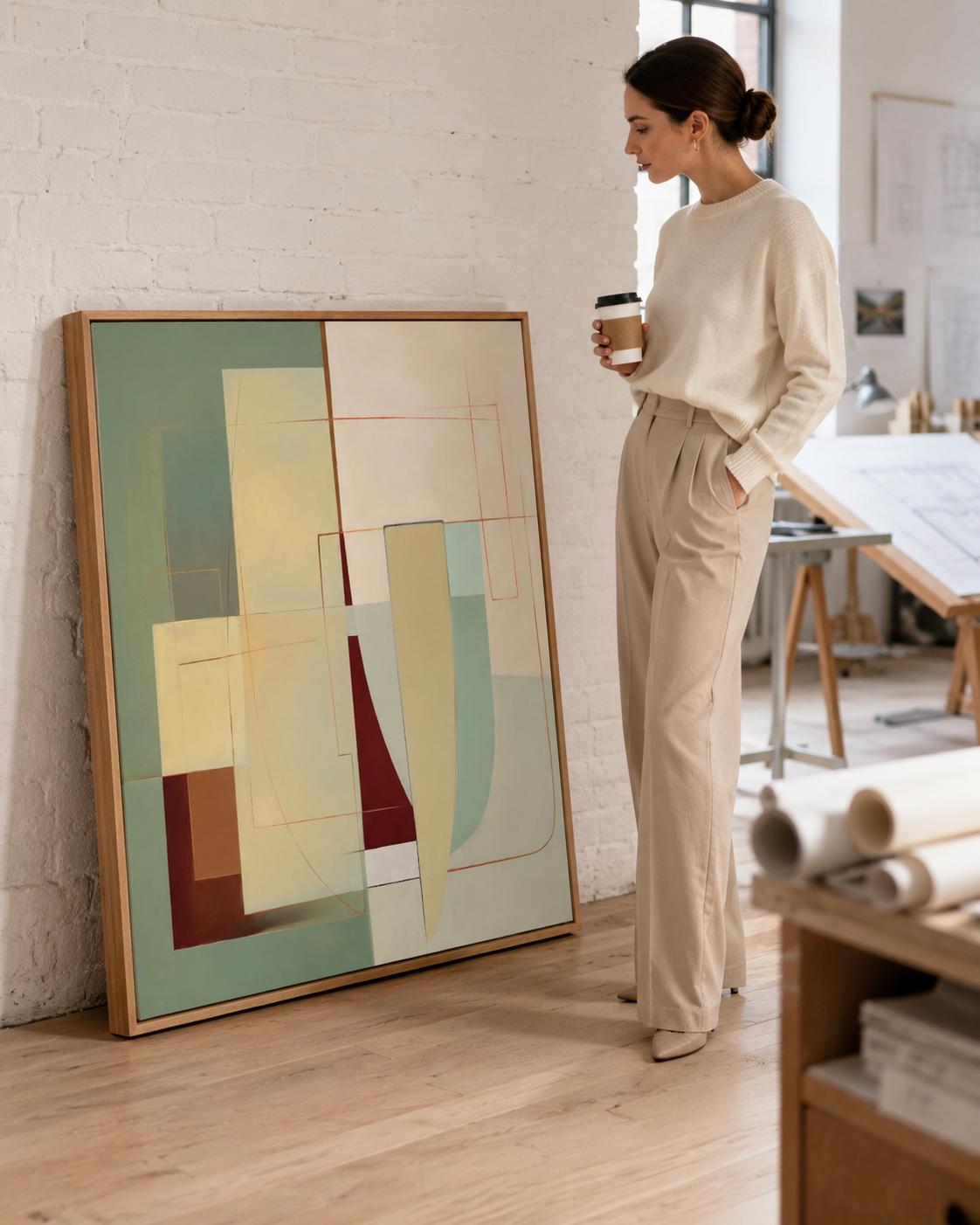 A framed abstract geometric composition combines muted sage and terracotta blocks with cream and burgundy lines in a balanced, mid-century style