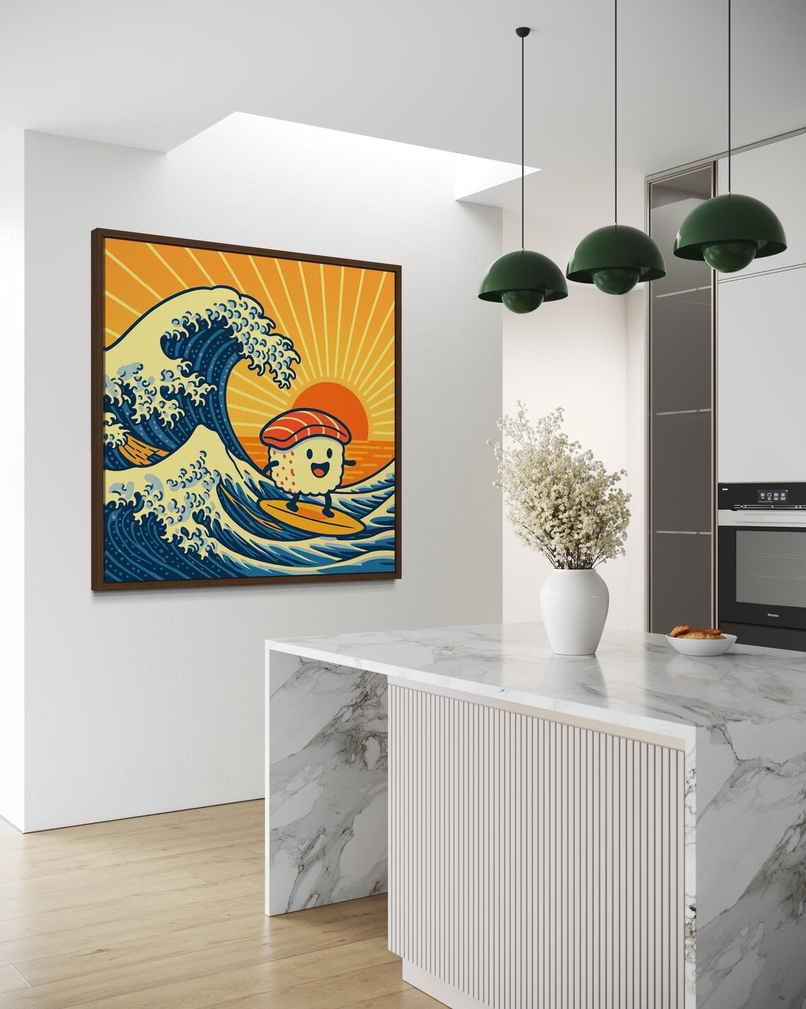 Artwork above a round table in a room setting