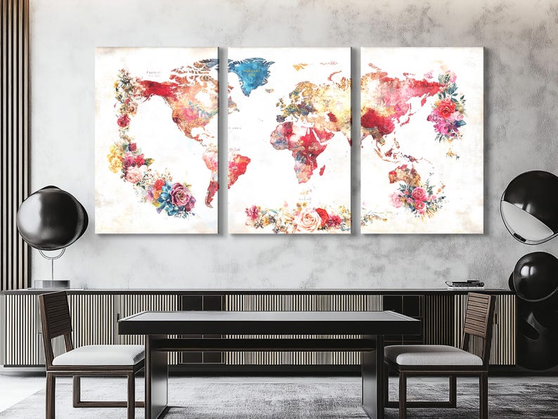 Three-panel world map with floral clusters and painterly watercolour red, pink and teal colour
