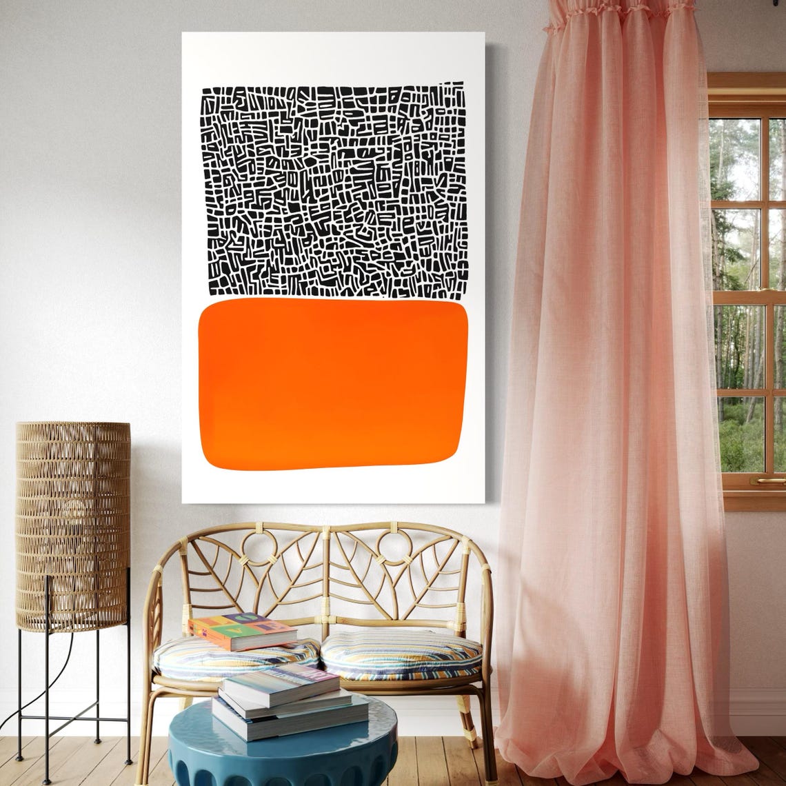 Abstract geometric artwork with dense black linework and a vivid orange rounded block on a white background detail view