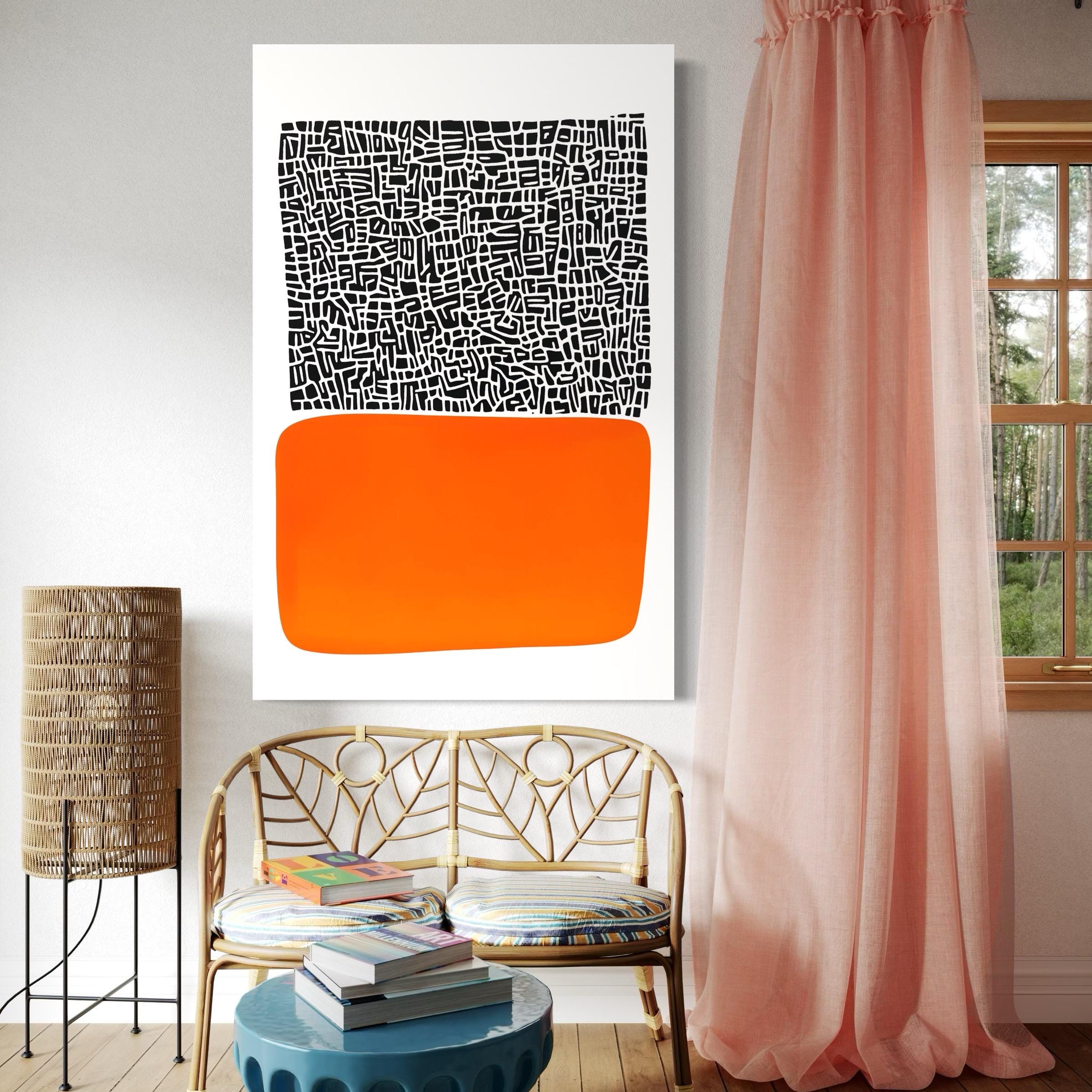 Abstract geometric artwork with dense black linework and a vivid orange rounded block on a white background detail view
