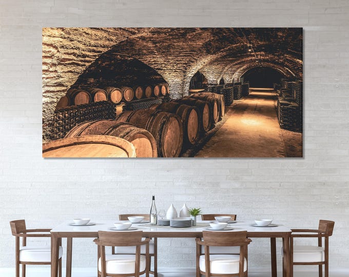 Wine Cellar Canvas Print, Rustic Barrel Wall Art, Vintage Winery Decor, Large 3 Panel Wine Artwork, Vineyard Cellar Landscape Canvas Print