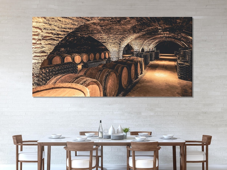 Realistic wine cellar corridor with rows of wooden barrels and warm amber lighting
