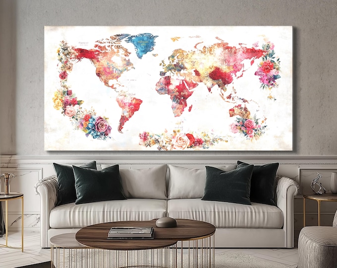 Flower World Map Wall Art Abstract Floral Canvas Print Watercolor Map Painting Colorful Home Decor Travel Map Art Interior Artwork