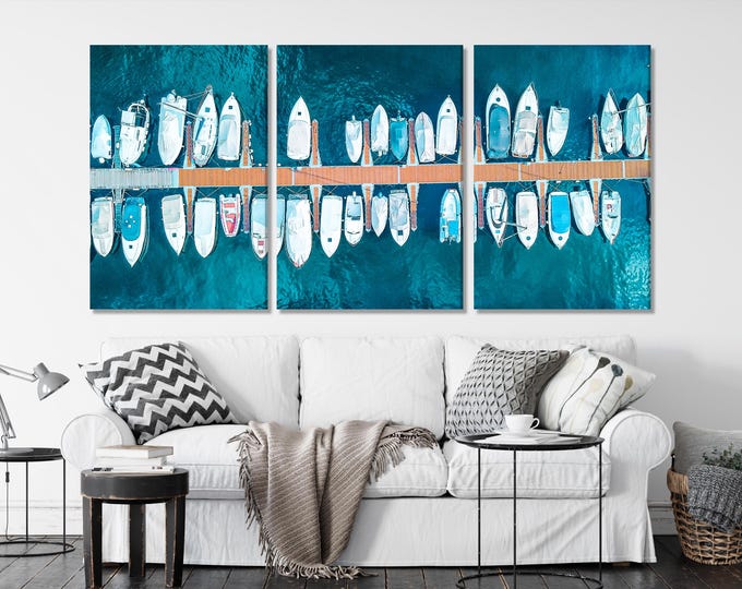 Lake Como Yacht Club Canvas Print, Aerial Boat Dock Wall Art, Large 3 Panel Nautical Artwork, Italian Lake Scene, Marina Office Wall Decor