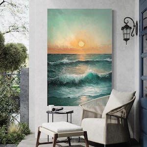 Sunset Over the Ocean Canvas Art - Seascape Wall Art Ocean Waves Art Coastal Sunset Painting Beach House Wall Decor Sunset Canvas Art Print